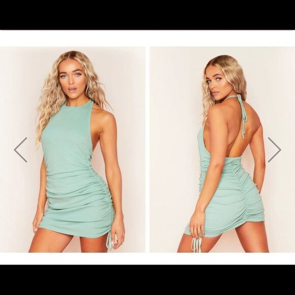 Sage Ruched Halterneck Dress - Picture 2 of 4